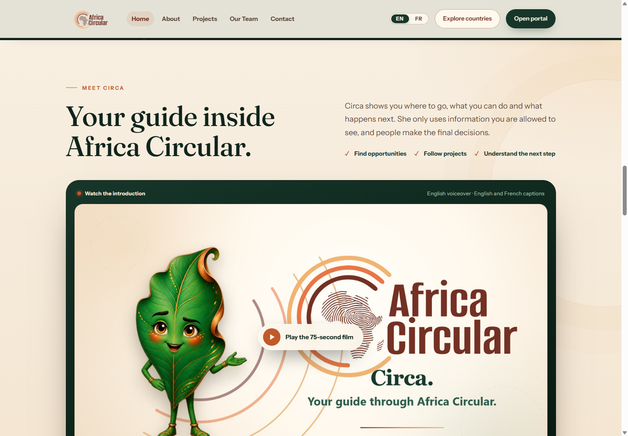 The public Africa Circular homepage’s Meet Circa section with its mascot and film poster