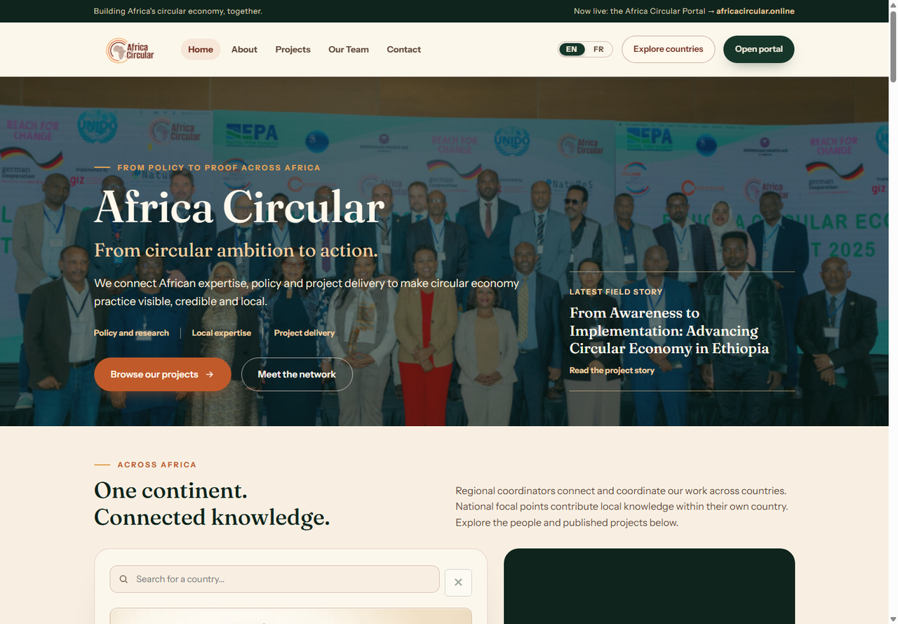 Africa Circular’s current public website, with its editorial homepage and warm cream, green and gold palette