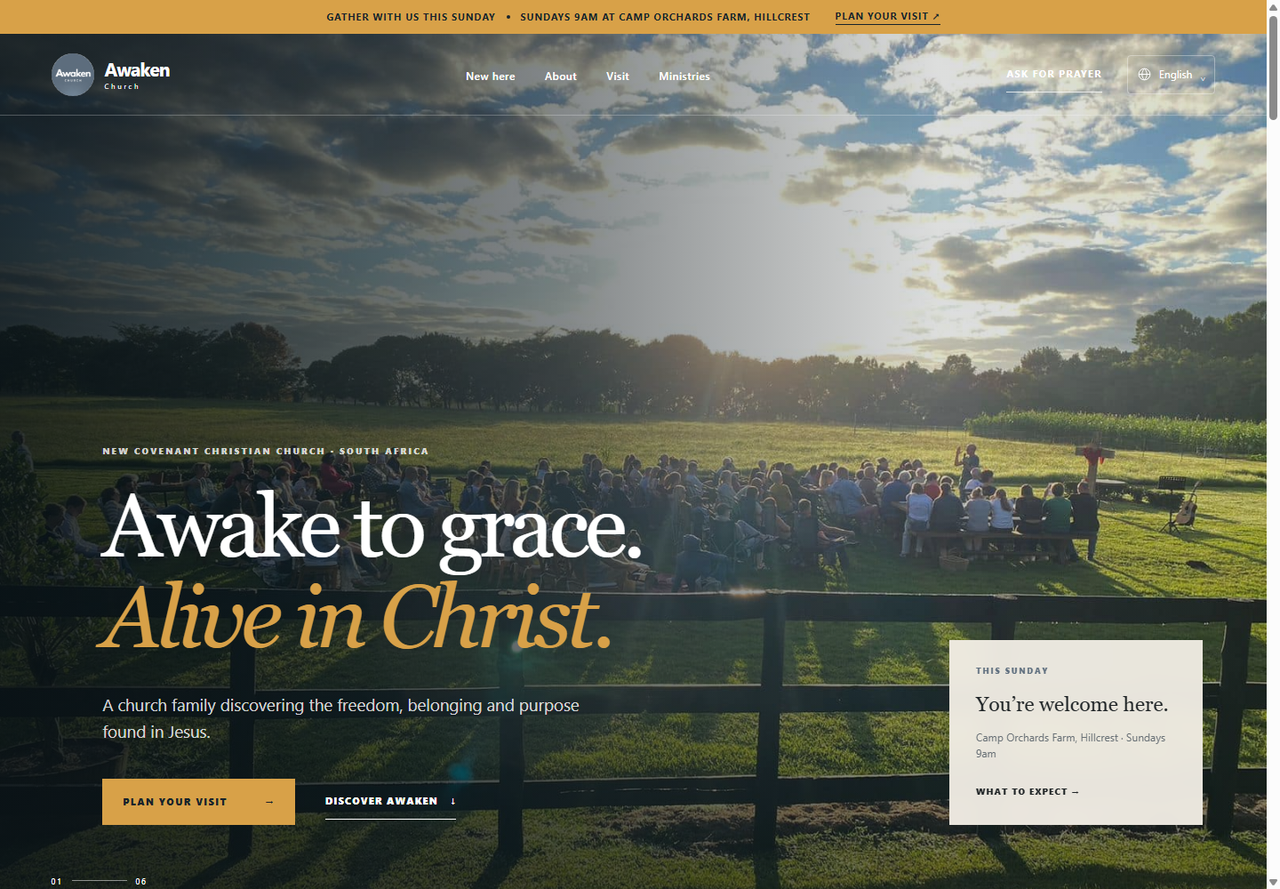 Awaken Church website with a warm outdoor photograph and editorial typography