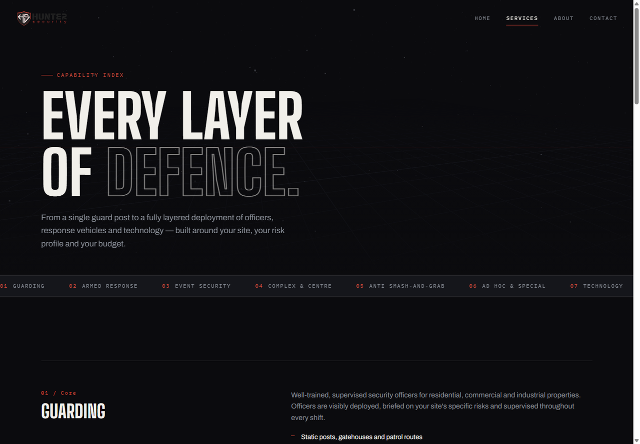 Service presentation in the Hunter security website demo