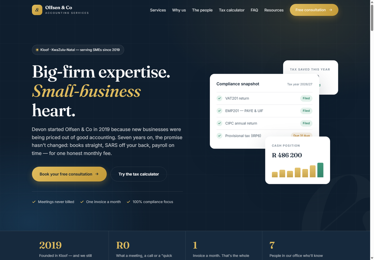 Olfsen and Co accounting website preview with navy and gold service presentation