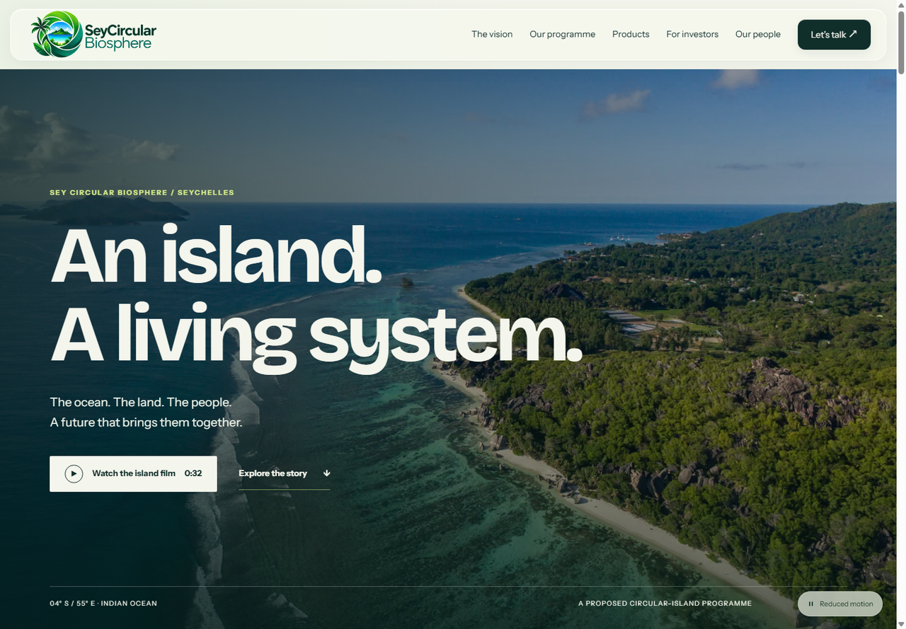Sey Circular Biosphere website with a cinematic Seychelles coastline and bold editorial typography