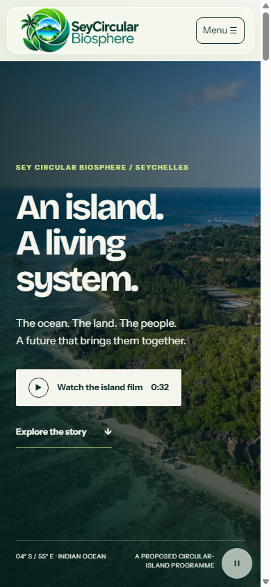 Sey Circular Biosphere’s public homepage at a mobile width