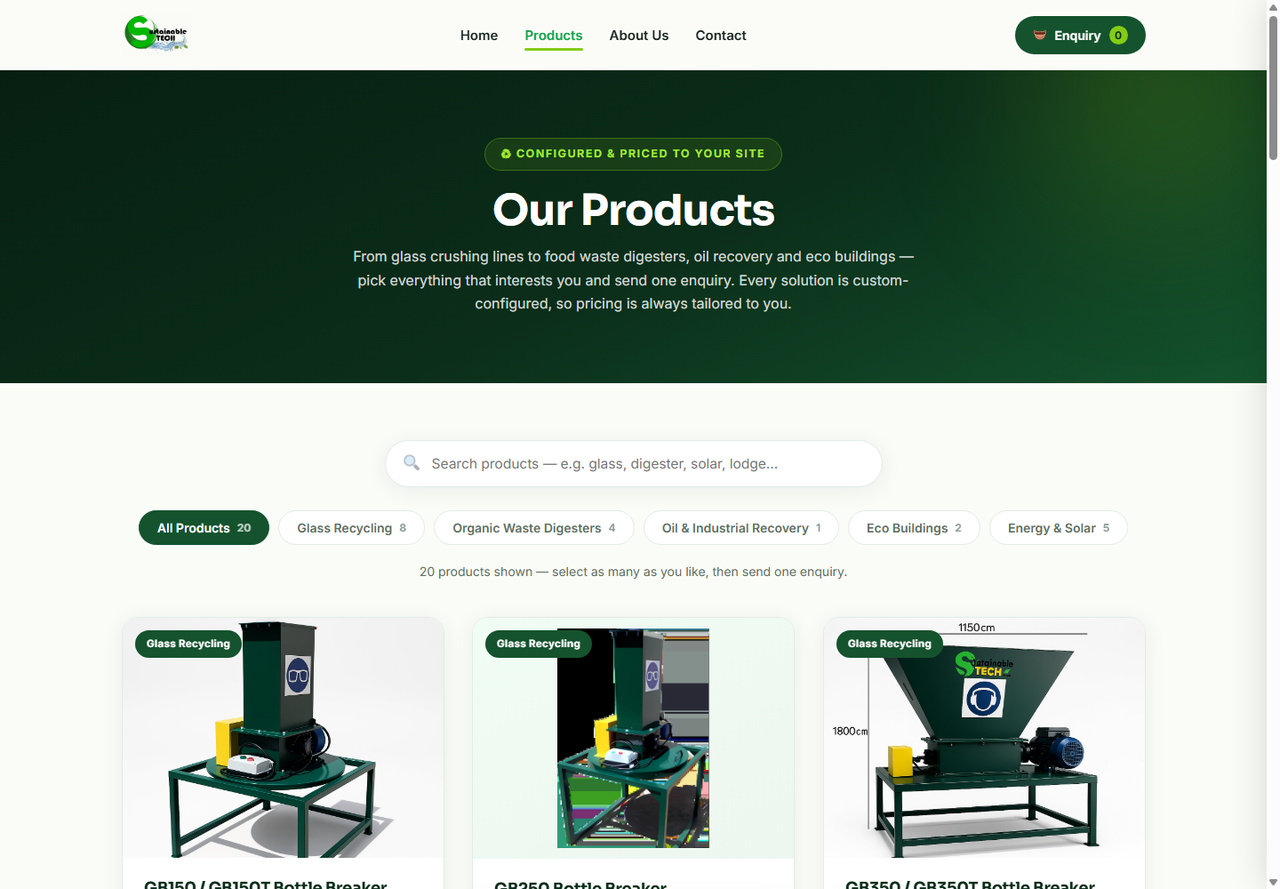 Sustainable Tech’s public product catalogue with search, categories and equipment cards, captured on 4 October 2026